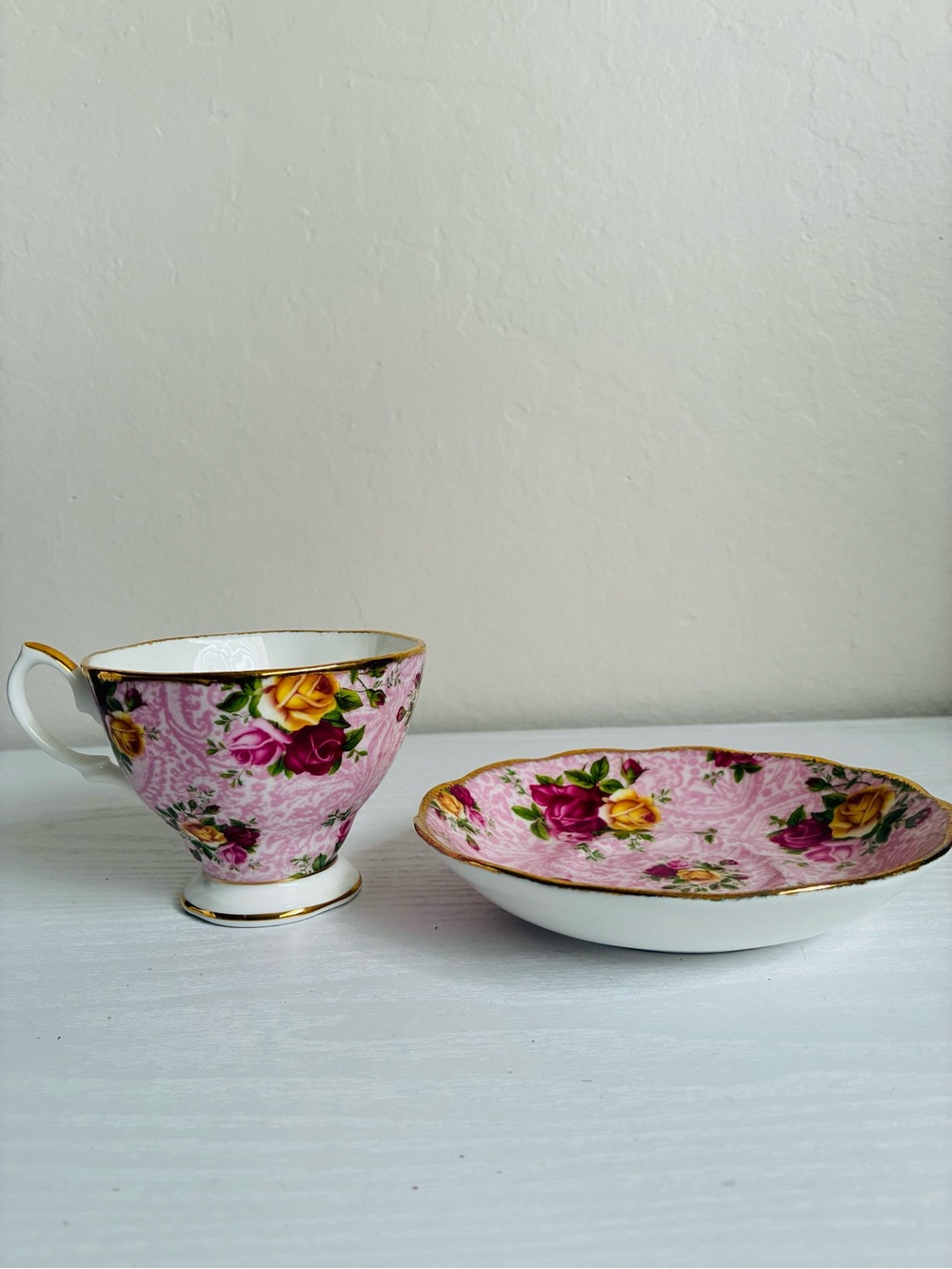 Pink Floral Tea Cup and Saucer Set with Gold Trim